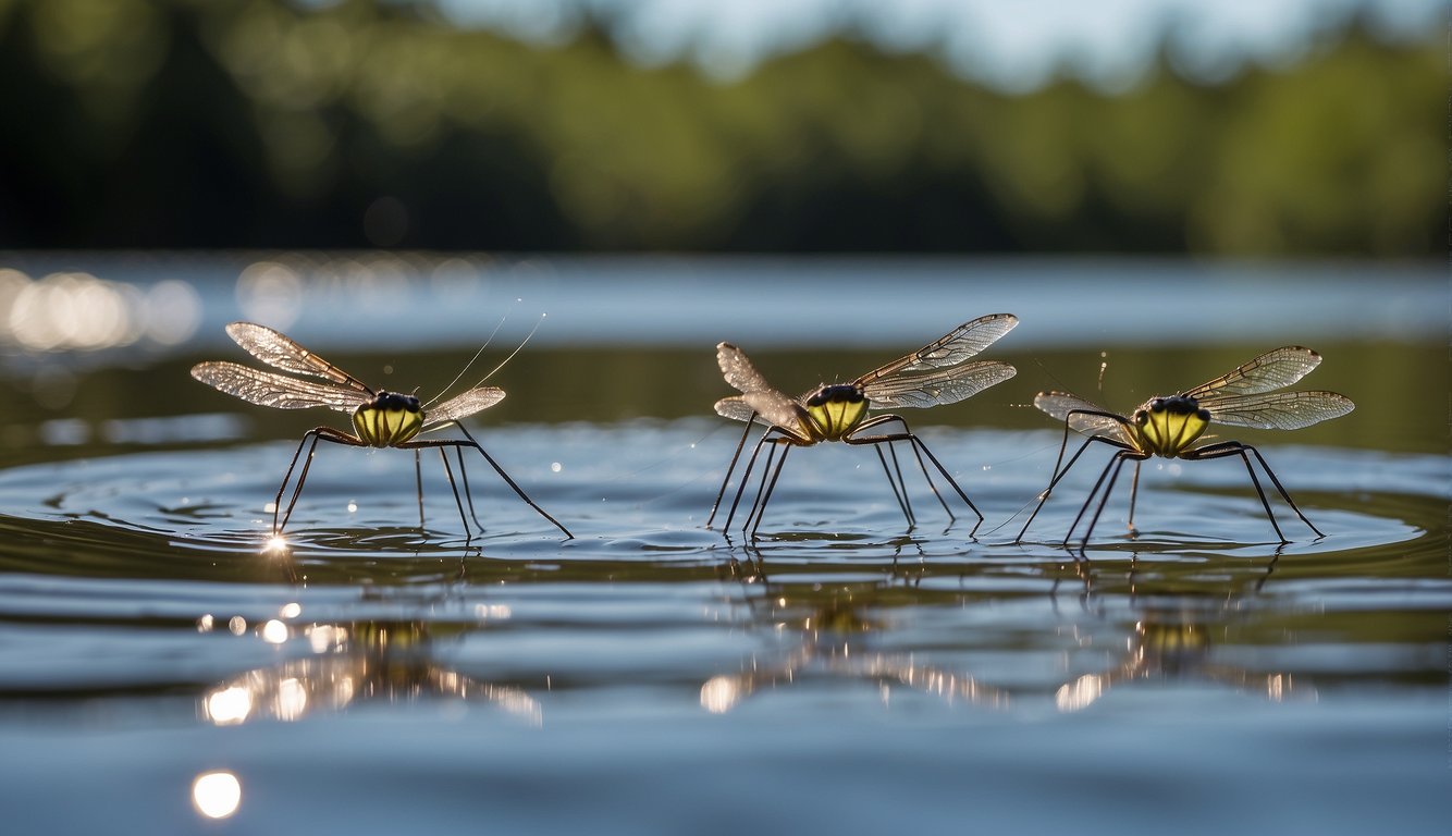 Water striders gracefully glide across the water's surface, their slender legs creating ripples in their wake.

The sunlight glistens off their iridescent bodies as they effortlessly defy gravity, showcasing nature's incredible engineering
