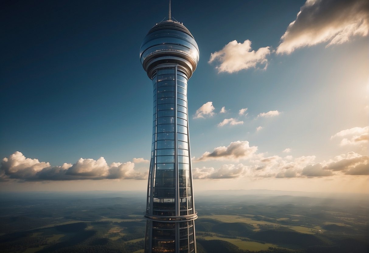 A space elevator rises into the atmosphere, its sleek, futuristic design showcasing the pinnacle of engineering achievement. Advanced materials and cutting-edge technology are evident in its construction, symbolizing the realization of a once far-fetched dream
