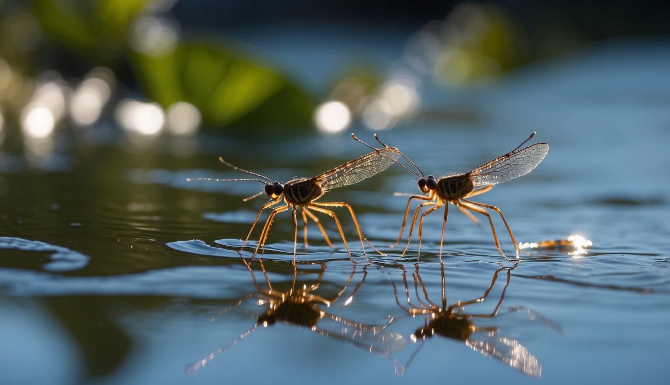 Water striders glide effortlessly on the water's surface, their long, slender legs creating ripples as they move.

The sunlight glistens on their iridescent bodies, showcasing nature's magic