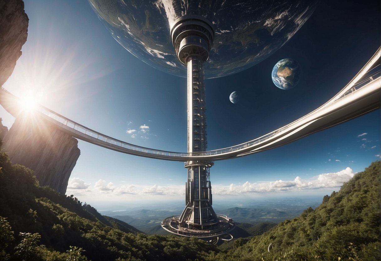 A space elevator extends from Earth's surface into the sky, with a cable stretching towards space, surrounded by futuristic engineering structures