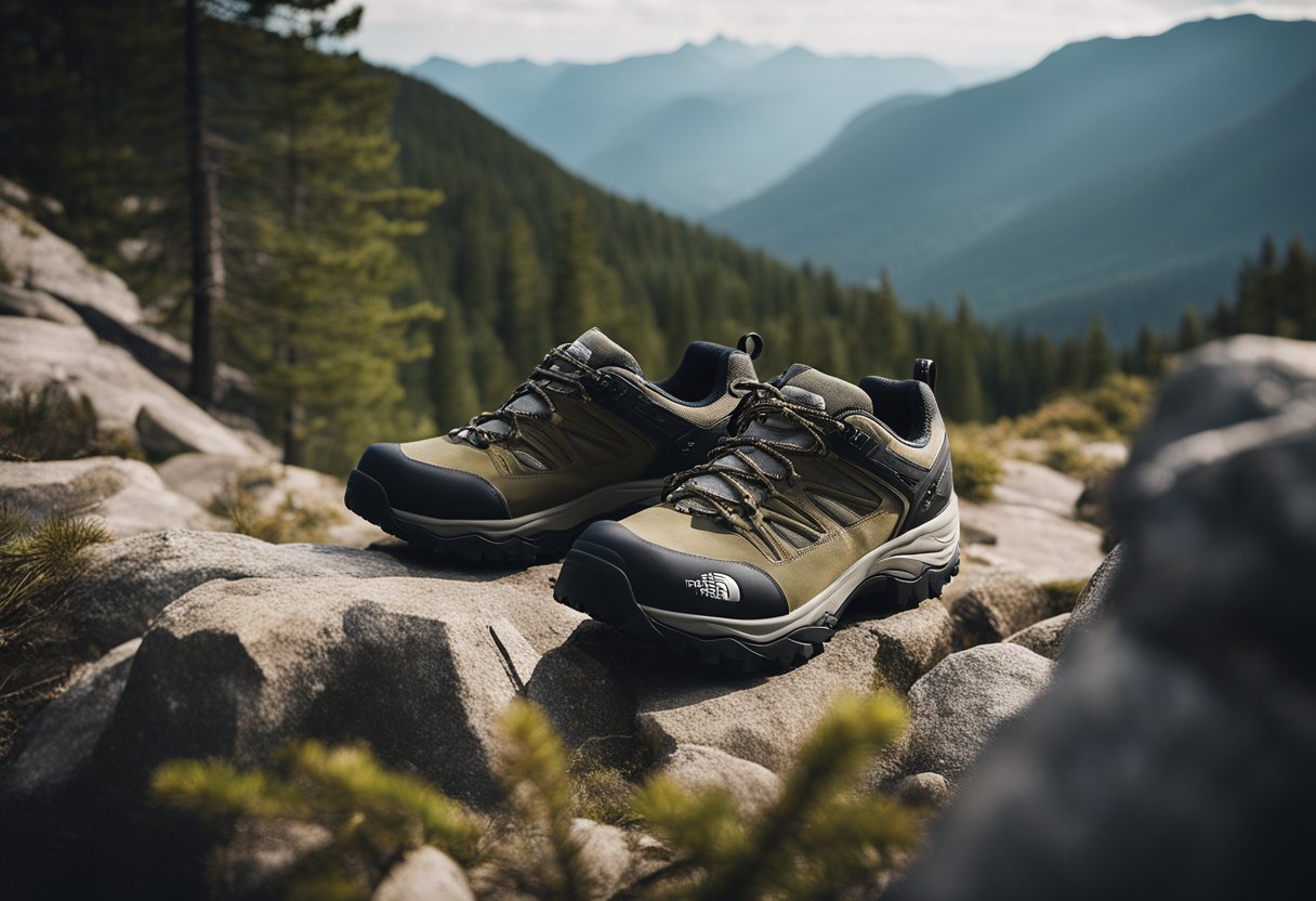 A pair of North Face hiking shoes resting on a rocky trail, surrounded by pine trees and a mountainous landscape