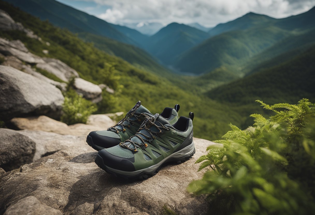 A pair of North Face hiking shoes on a rugged mountain trail, surrounded by lush greenery and rocky terrain