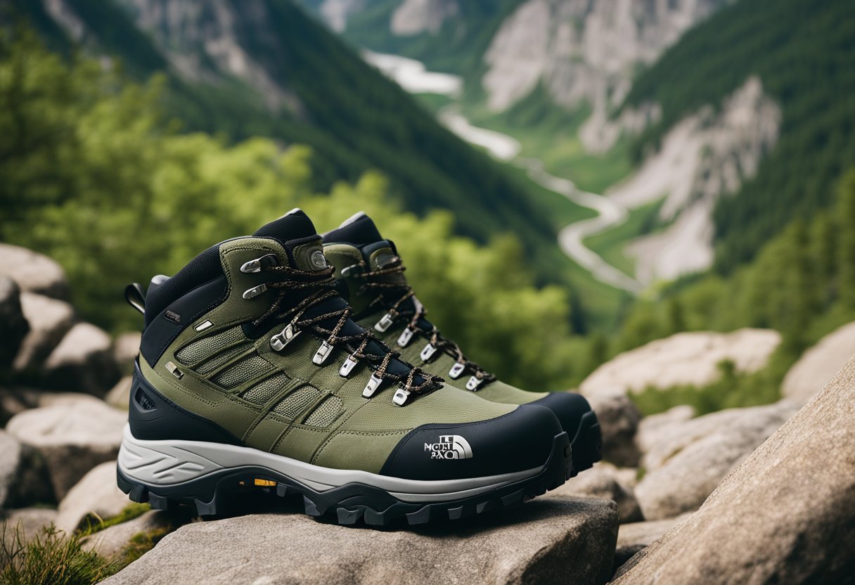 A pair of North Face hiking shoes displayed on a rocky trail, surrounded by lush greenery and towering mountains in the background