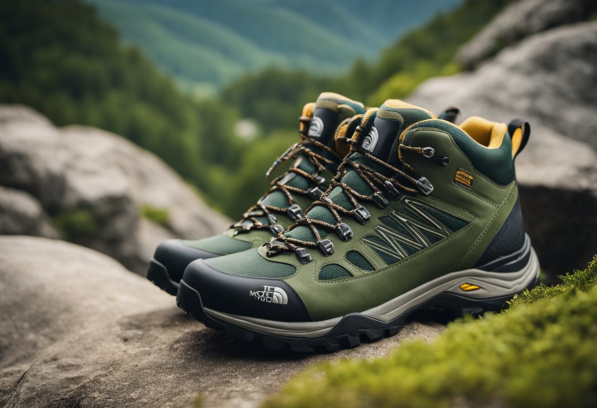 A pair of North Face hiking shoes on a rocky trail, surrounded by lush greenery and towering mountains in the background