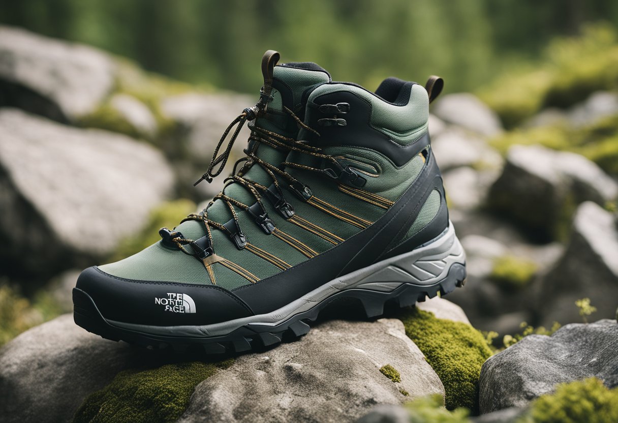 A pair of North Face hiking shoes displayed on a rocky trail with lush greenery in the background. The shoes are surrounded by hiking gear and a map, indicating preparation for an outdoor adventure