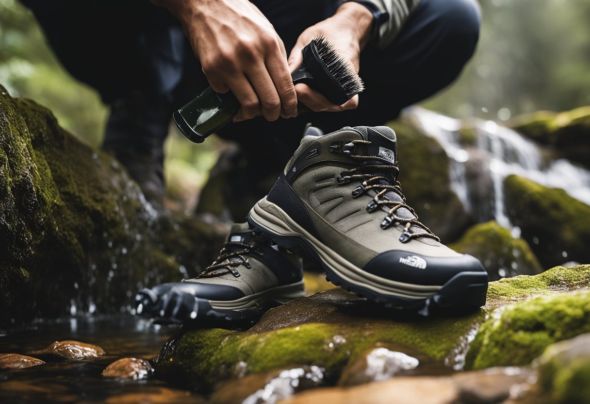 A pair of North Face hiking shoes being cleaned and waterproofed with a brush and spray in a well-lit outdoor setting