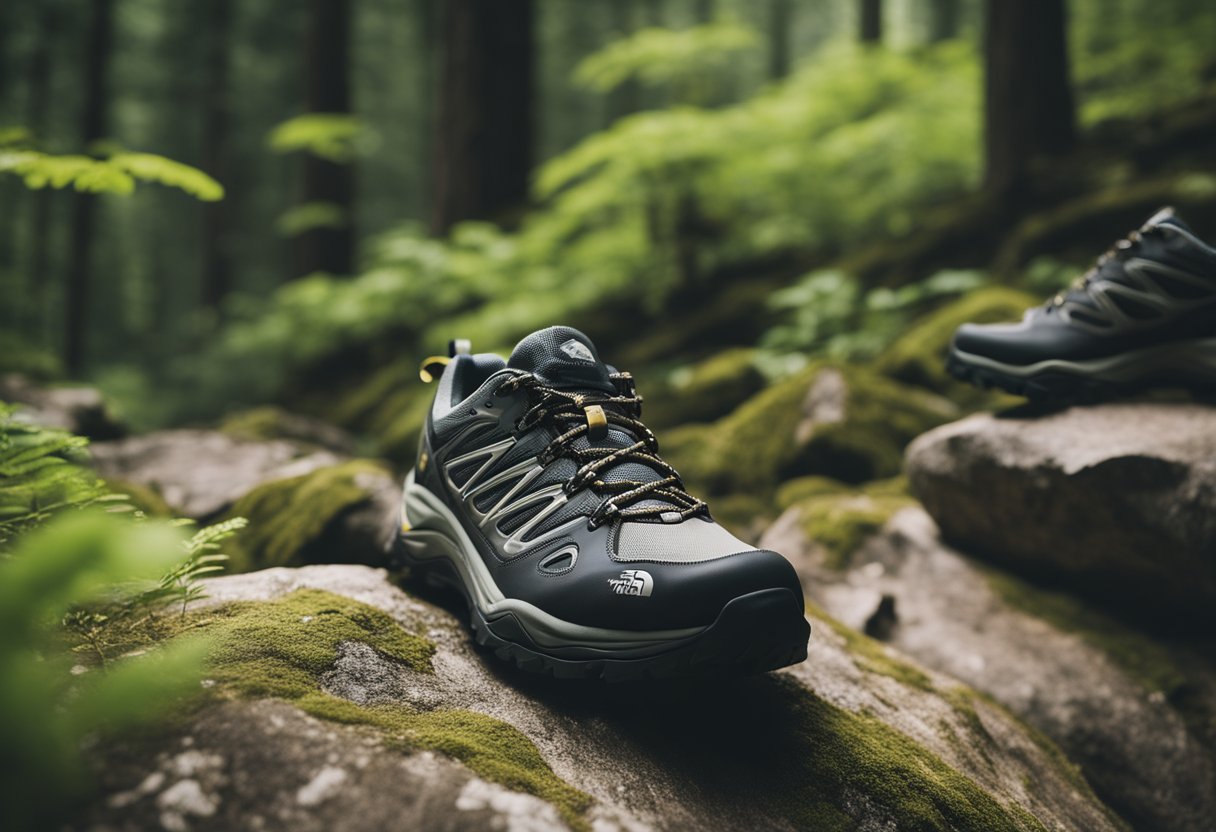 A lineup of North Face hiking shoes on a rocky trail, surrounded by lush greenery and towering trees