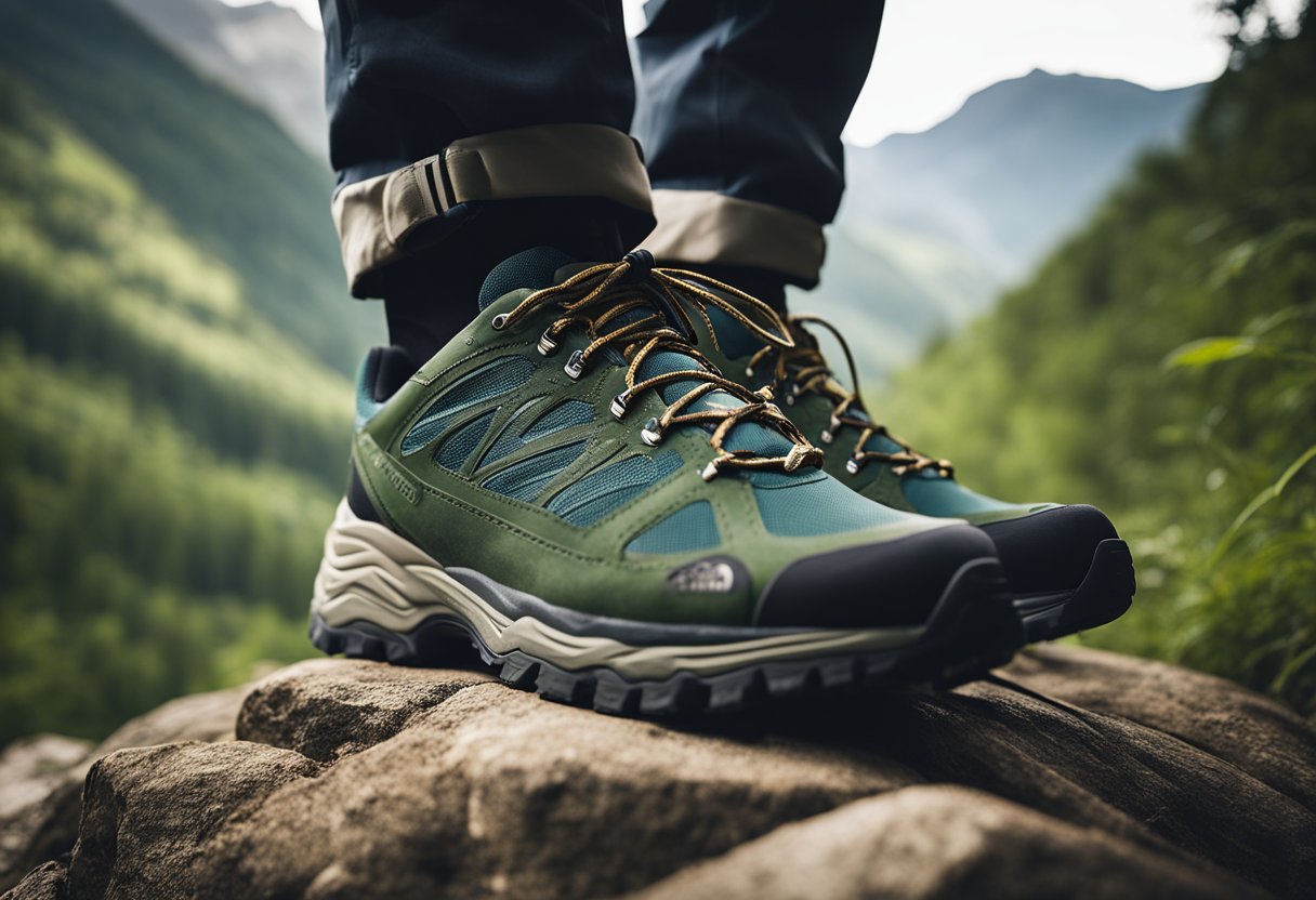 A pair of North Face hiking shoes sits atop a rocky trail, surrounded by lush greenery and towering mountains in the background