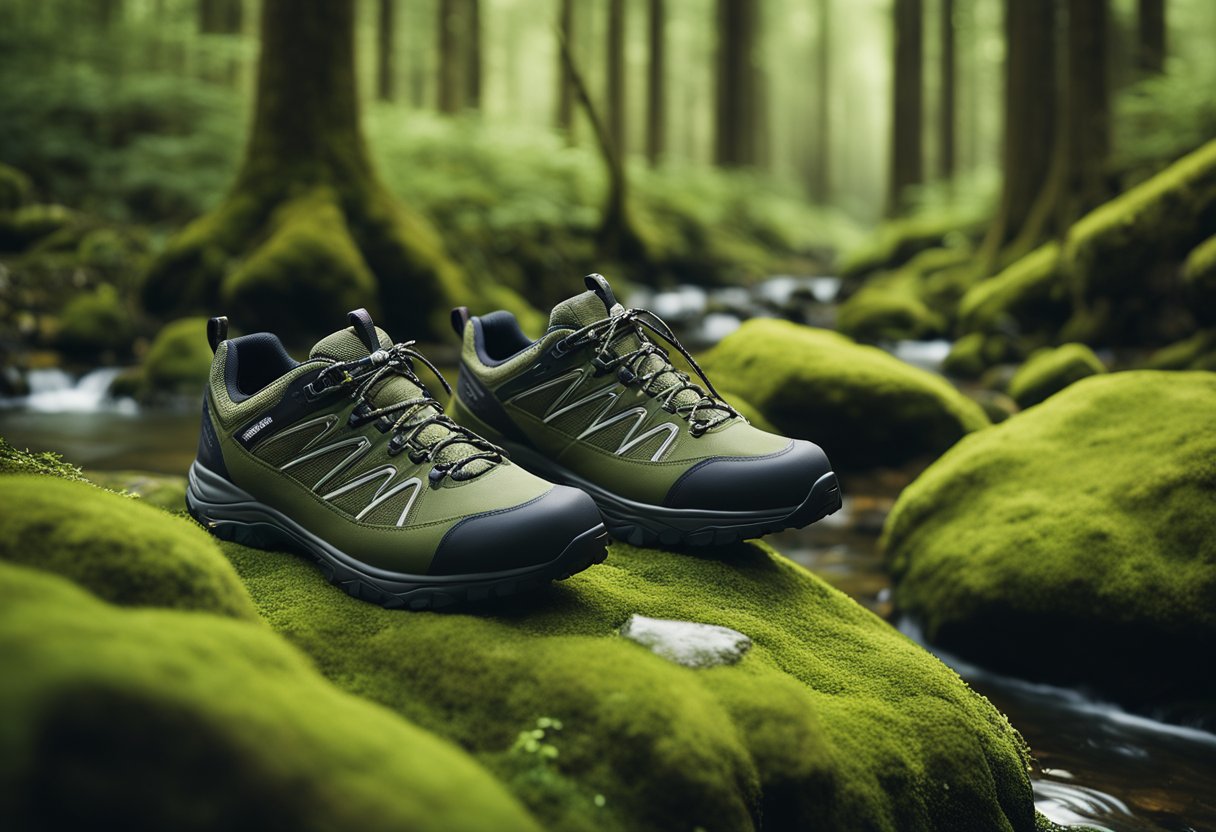 A pair of North Face hiking shoes placed on a moss-covered rock in a lush, green forest, surrounded by tall trees and a flowing stream