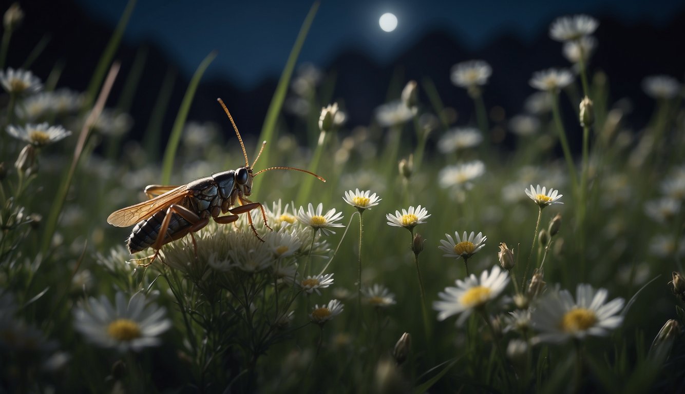 Crickets chirp in a moonlit meadow, surrounded by tall grass and blooming flowers.

The night sky is filled with twinkling stars, and the air is filled with the soothing melody of their songs
