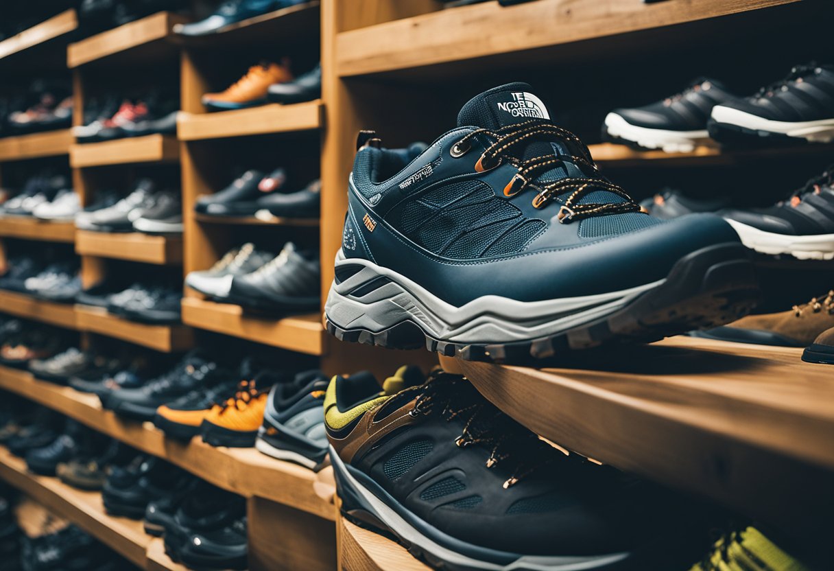 A pair of North Face hiking shoes is placed next to other brands' shoes. The North Face shoes stand out with their sturdy design and vibrant colors