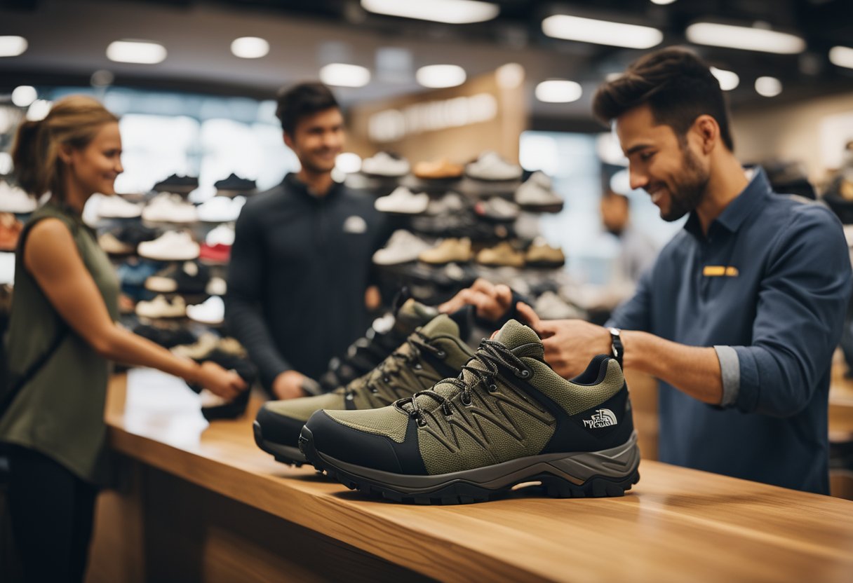 A customer holding a pair of North Face hiking shoes at a store counter, with a salesperson processing the purchase