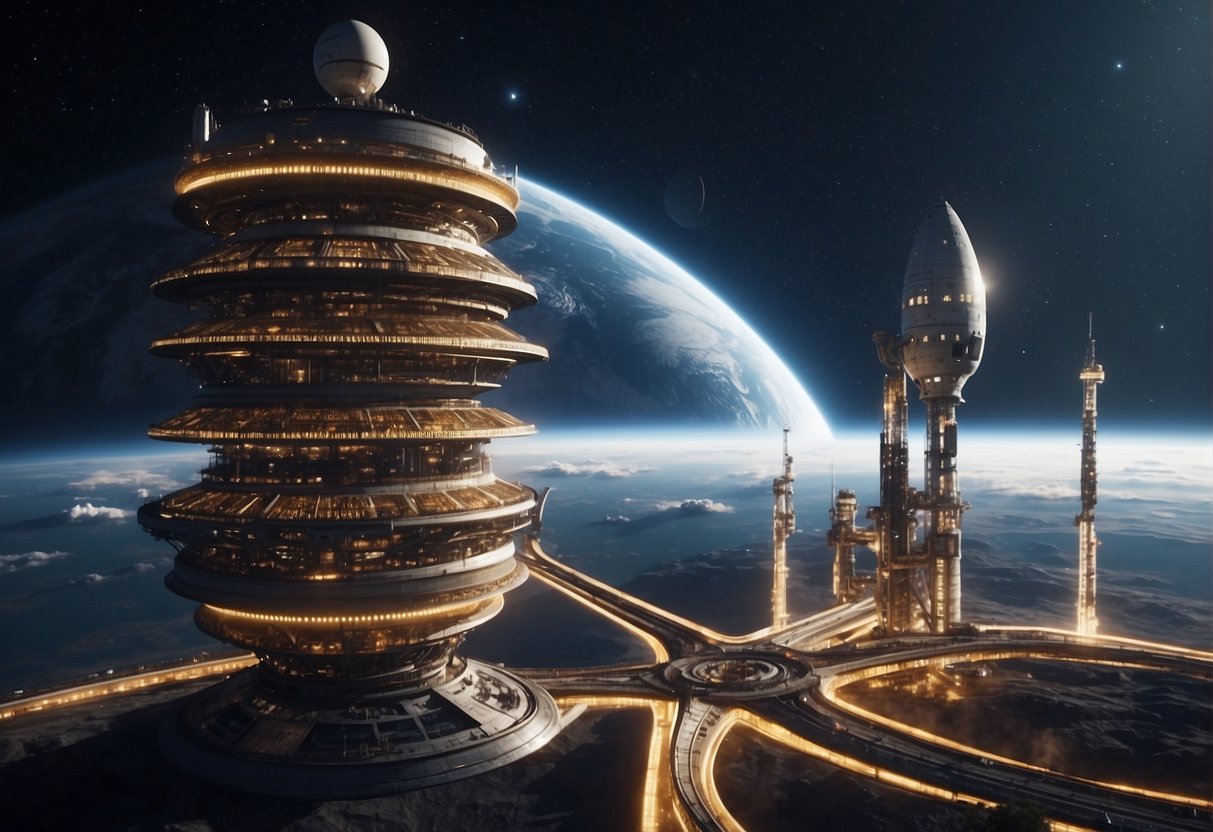 Space elevators rise from Earth, connecting to a space station above. Engineers work together to construct the massive structure, symbolizing global cooperation and technological advancement
