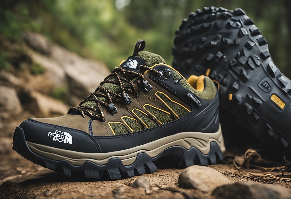 A pair of North Face hiking shoes surrounded by various outdoor elements, with a sign reading "Frequently Asked Questions" in the background