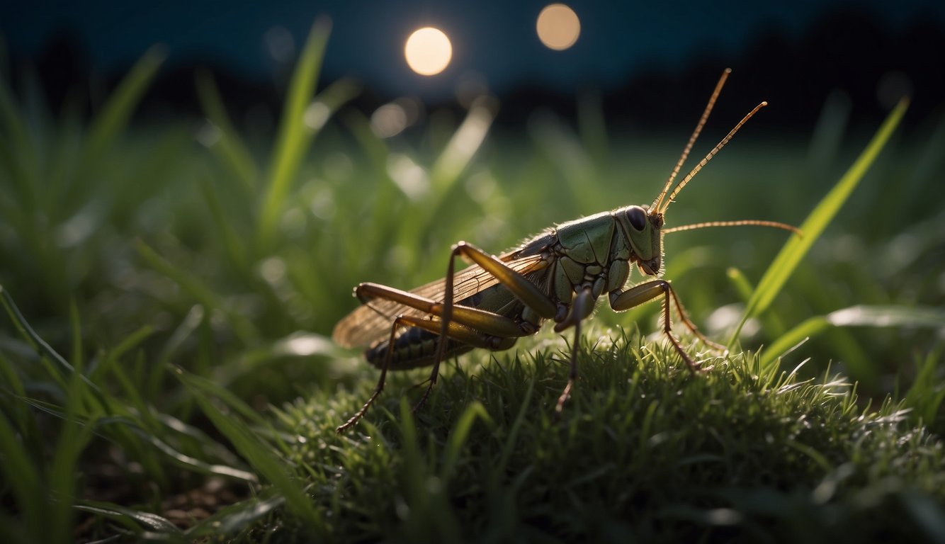Crickets chirping in grassy field at night, under a starry sky.

Moonlight illuminates their movements as they create a symphony of enchanting sounds