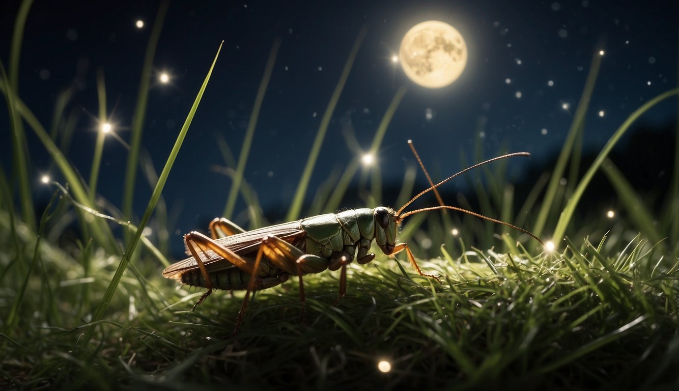Crickets sing under a moonlit sky, surrounded by tall grass and twinkling stars.

Their music fills the night with a symphony of chirps and melodies