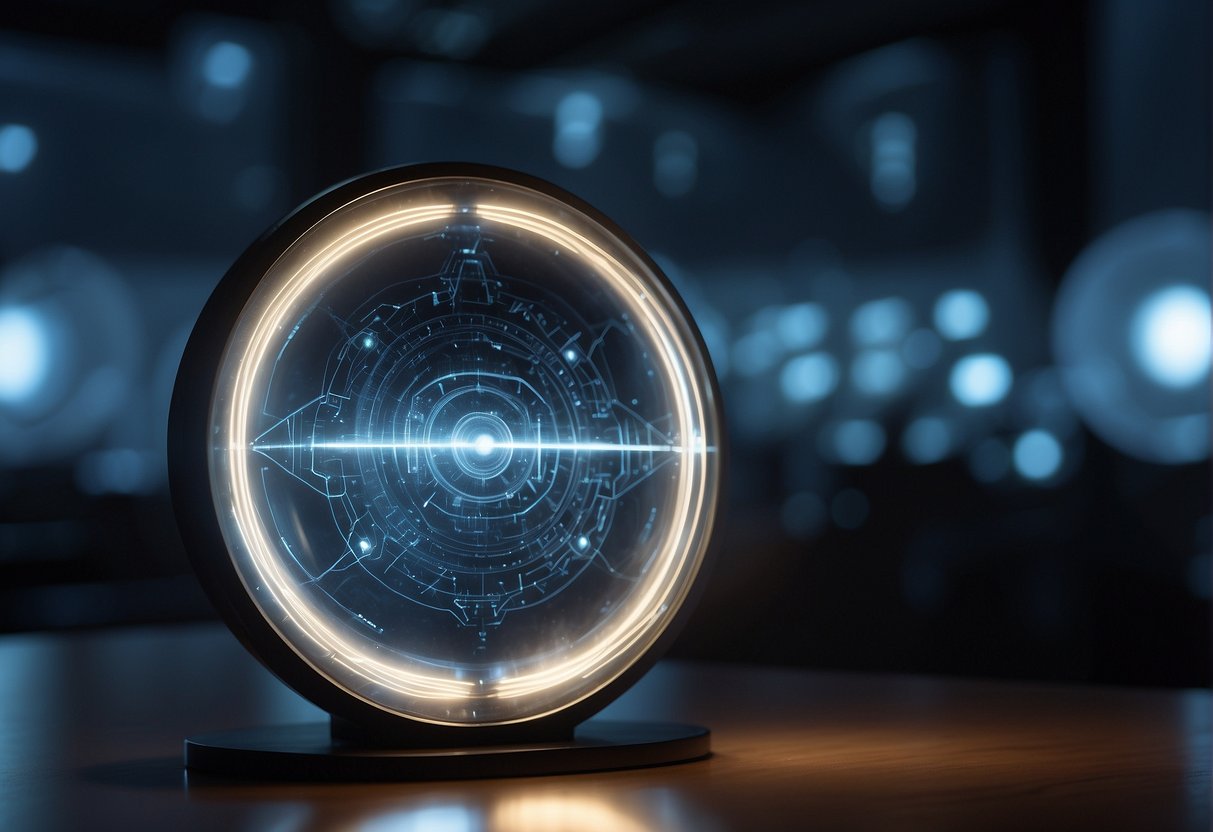 A quantum communications device emits a pulsating beam of light, surrounded by swirling energy patterns, against a backdrop of a high-tech research lab or a shadowy espionage setting