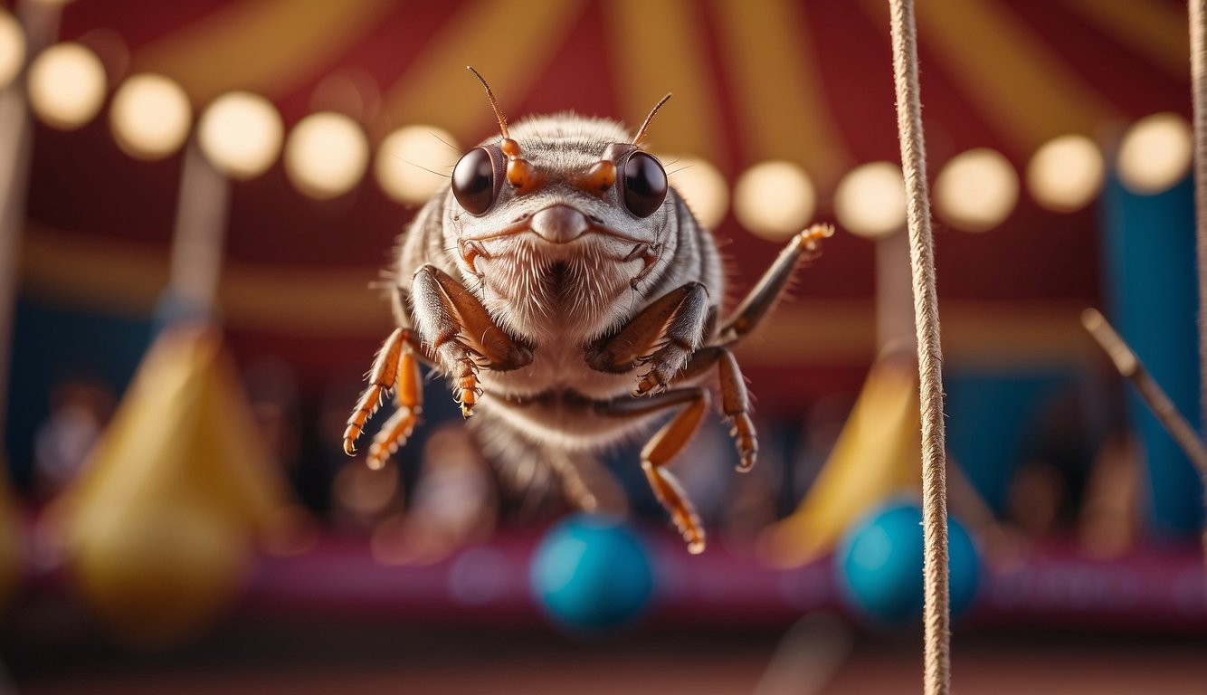 Fleas leaping through tiny hoops and balancing on tightropes in a colorful circus tent