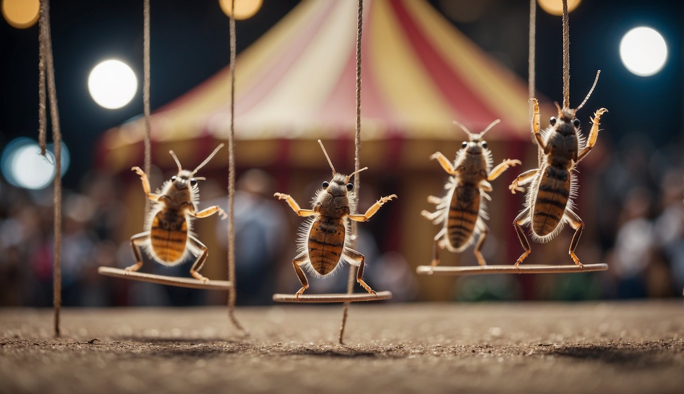 Fleas jumping through miniature hoops and balancing on tightropes in a tiny circus tent, surrounded by amazed onlookers