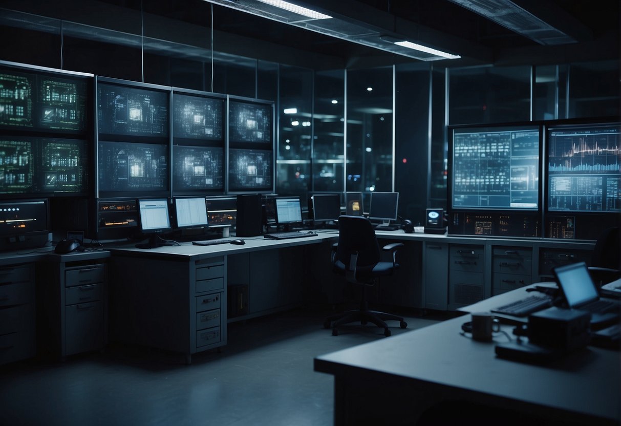 In a high-tech lab, quantum communication devices hum with activity. Meanwhile, in a dimly lit room, a spy carefully intercepts encrypted messages