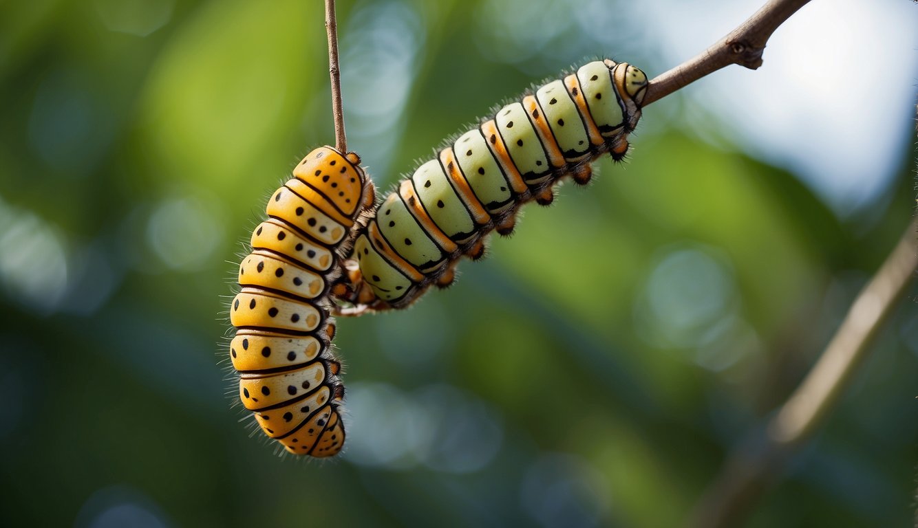 A caterpillar hangs from a twig, forming a chrysalis.

Inside, it undergoes a miraculous transformation into a vibrant butterfly