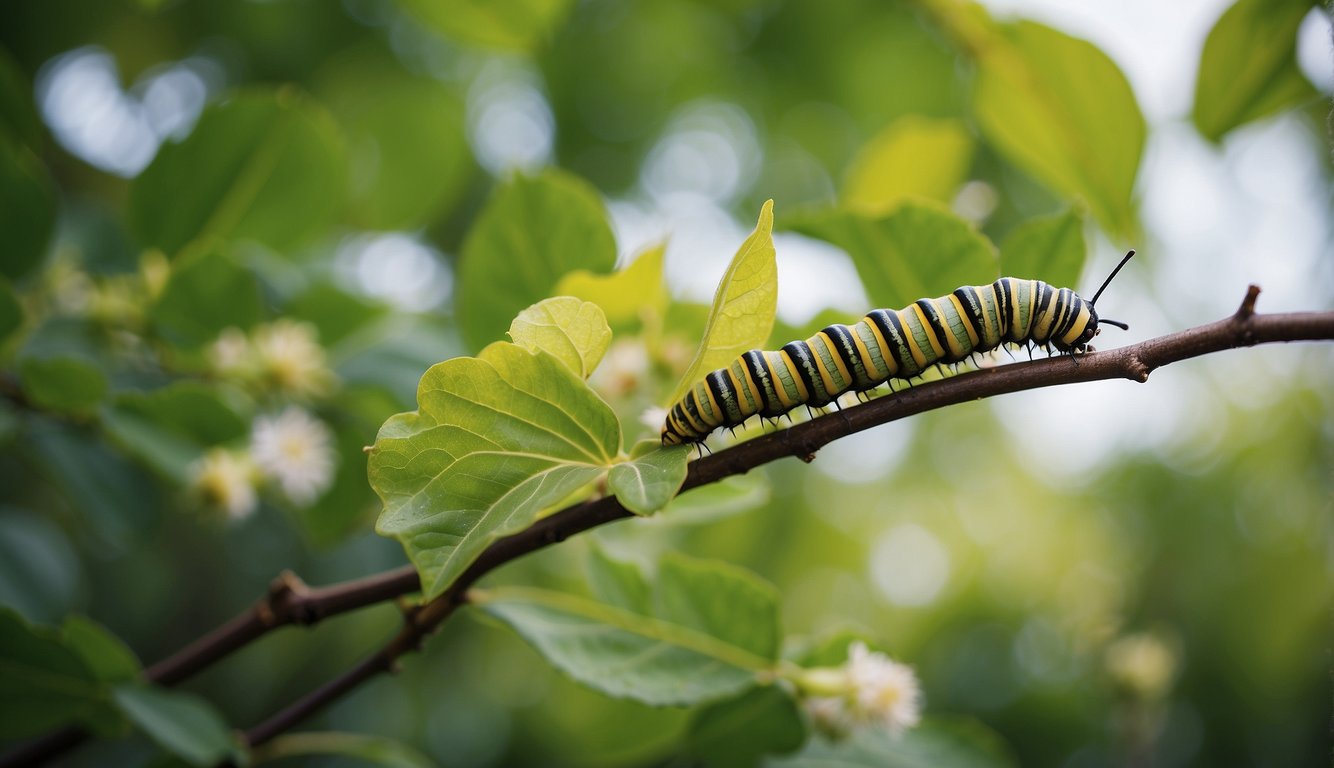 A caterpillar hangs from a branch, wrapped in a chrysalis.

It is surrounded by vibrant green leaves and delicate flowers, symbolizing the magic of metamorphosis