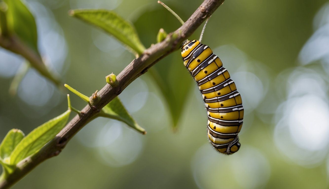 A caterpillar hangs from a twig, encased in a chrysalis.

The chrysalis splits open, revealing a fully formed adult butterfly emerging