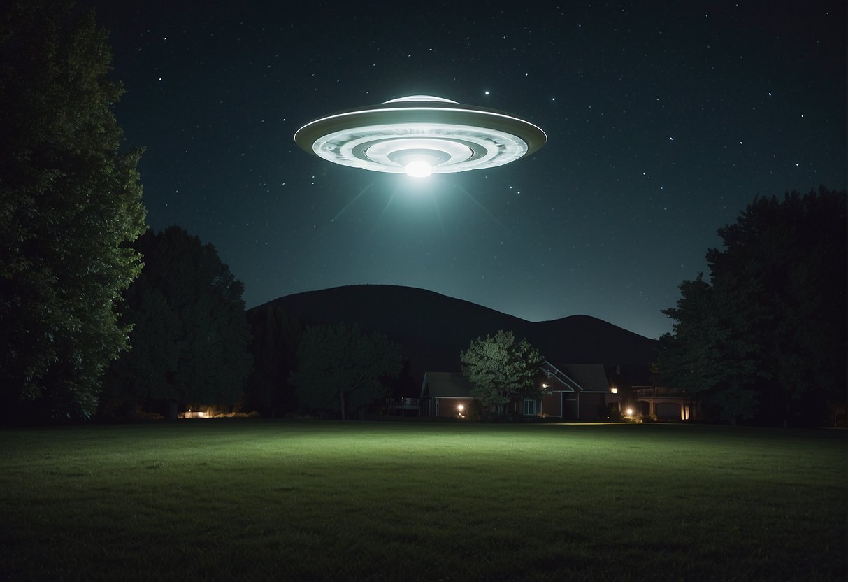 Project Blue Book - A bright, glowing UFO hovers silently over a dark, remote government facility, casting an eerie light on the surrounding landscape