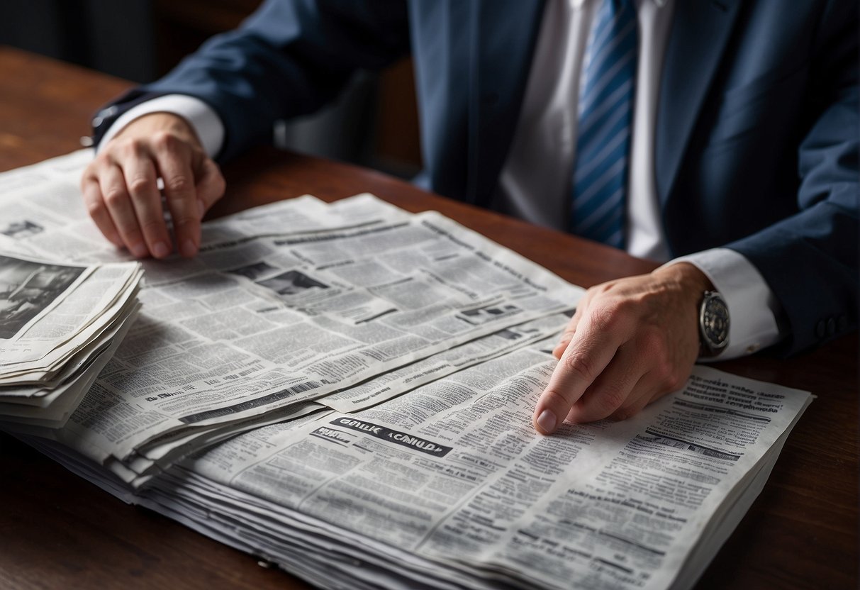 A government agent examines a dossier filled with UFO reports, while a stack of classified documents sits nearby. A newspaper headline blares "Government Secrets Revealed" in the background