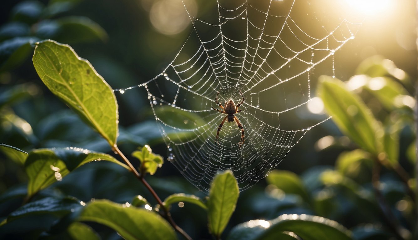 Spiders spin intricate webs among dewy leaves, capturing shimmering insects in the morning light