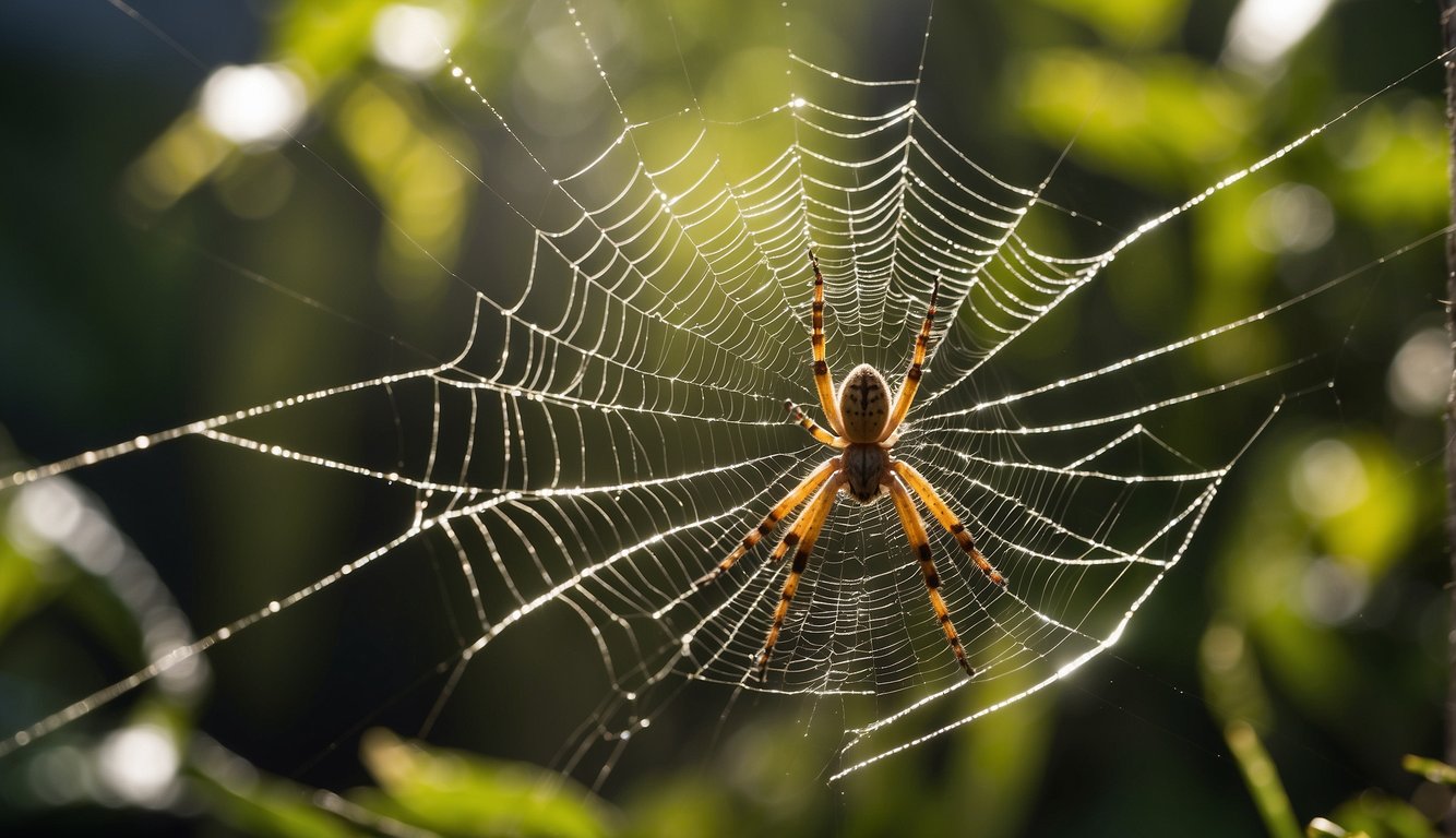 A spider sits at the center of its intricate web, glistening in the sunlight.

The delicate strands of silk radiate outwards, capturing the beauty and complexity of the spider's web weaving skills