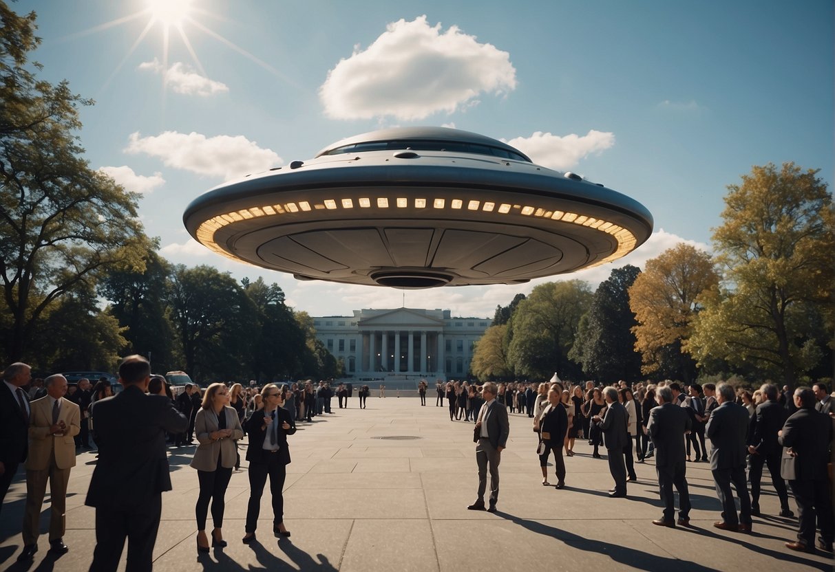 A UFO hovers over a government building, surrounded by media cameras and reporters. Documents are scattered on the ground, hinting at government secrets