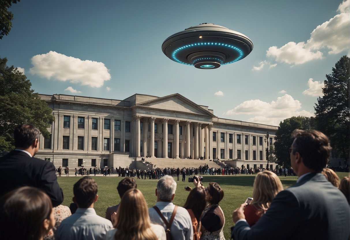 A UFO hovers over a government building, while reporters and cameras gather below, capturing the event. The government officials look on with concern as the media portrays the scene