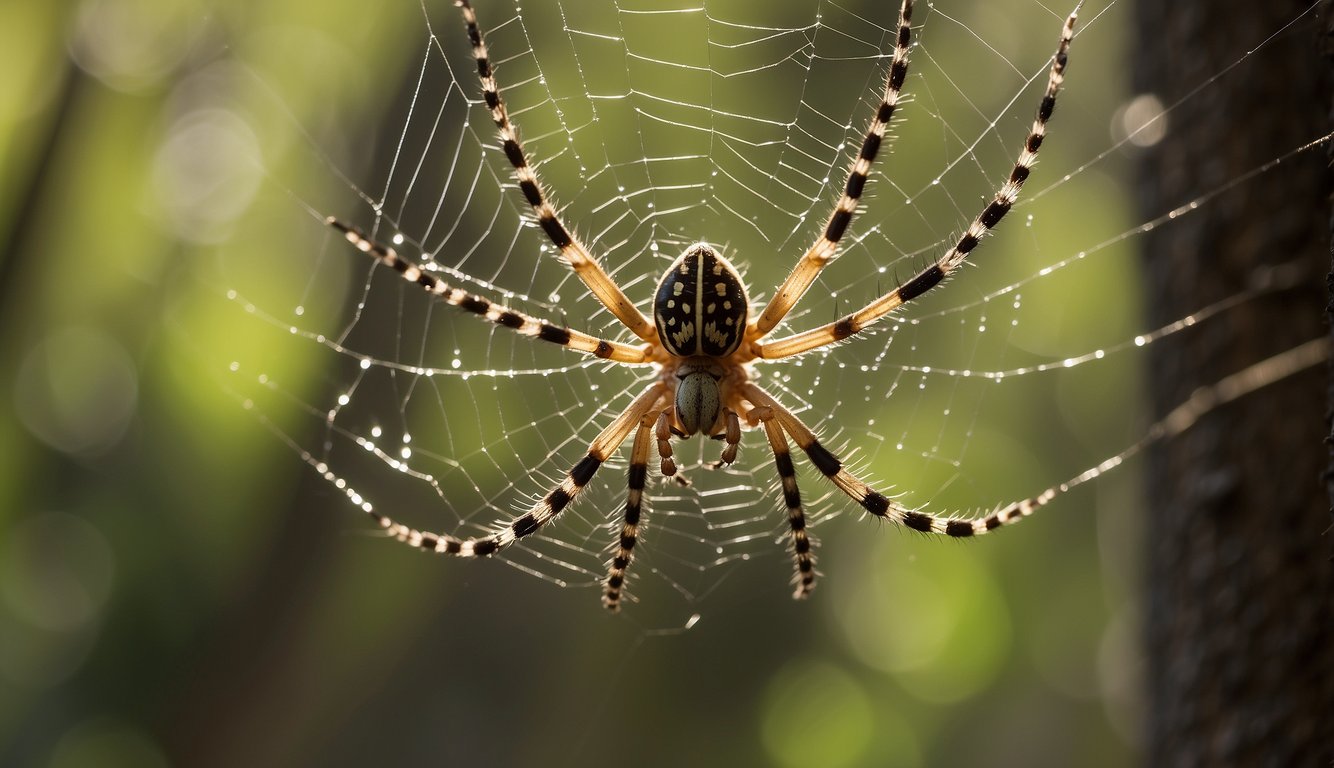 Spiders spin intricate webs among tree branches, capturing insects in their glistening silk.

The arachnids move gracefully, their eight legs navigating the delicate strands with precision