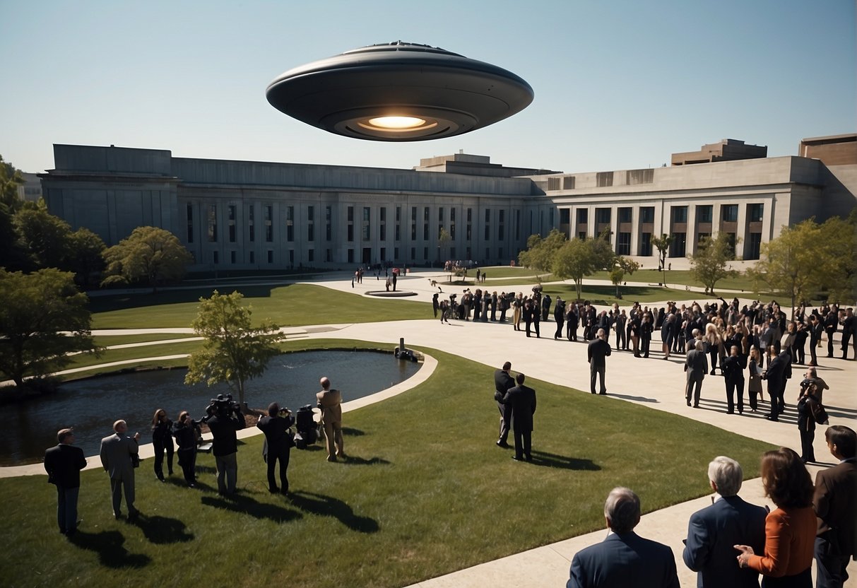 A UFO hovers over a government building, surrounded by media cameras and reporters. Documents are being declassified and released to the public