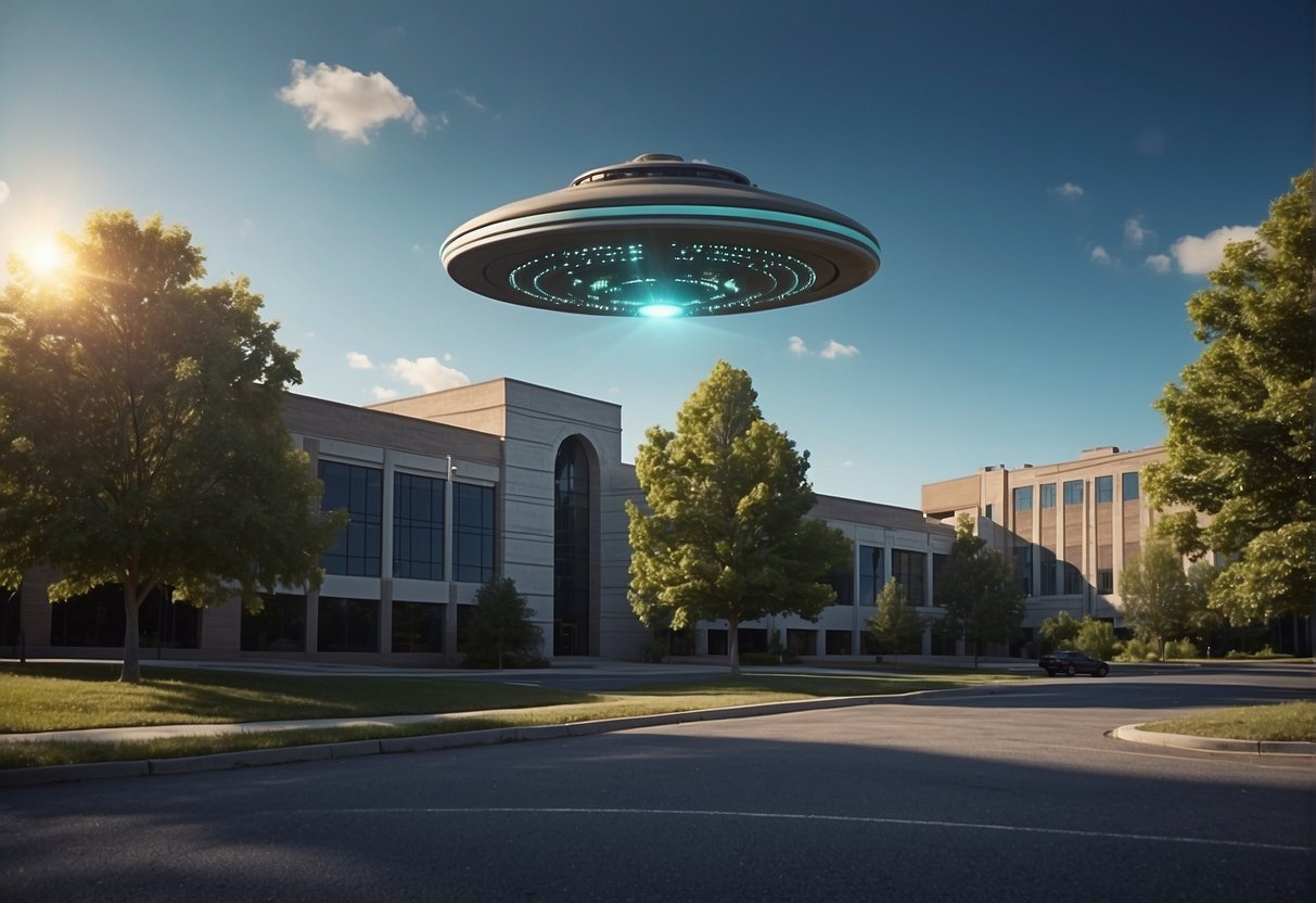 A UFO hovers over a government facility, while media cameras capture the scene. Documents are scattered, hinting at government secrets and conspiracy theories