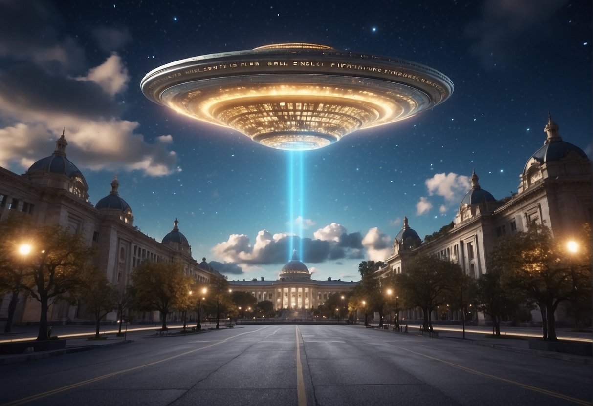 A glowing unidentified flying object hovers over a government building, surrounded by swirling clouds and bright lights. Newspapers with sensational headlines litter the ground