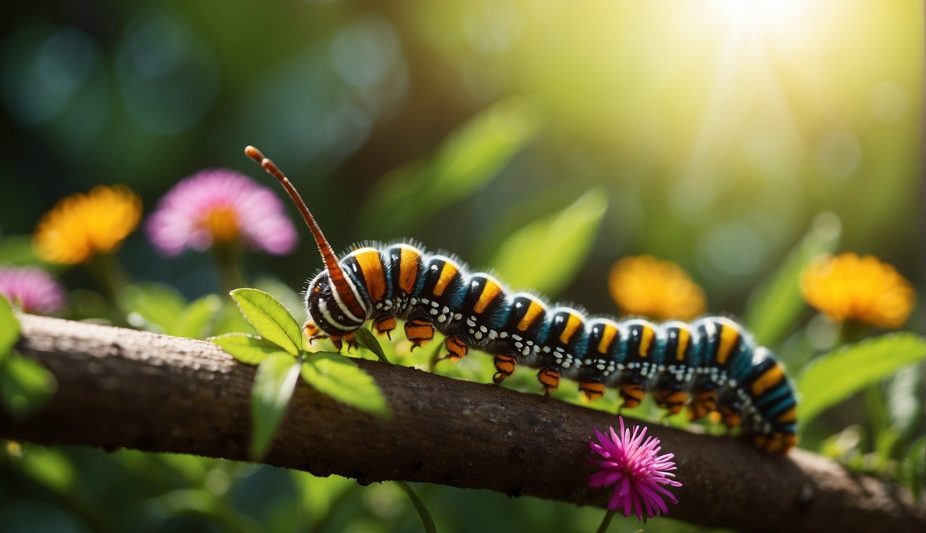 A colorful caterpillar crawls along a leafy branch, surrounded by vibrant flowers and lush greenery.

The sun shines down, casting a warm glow on the caterpillar's journey
