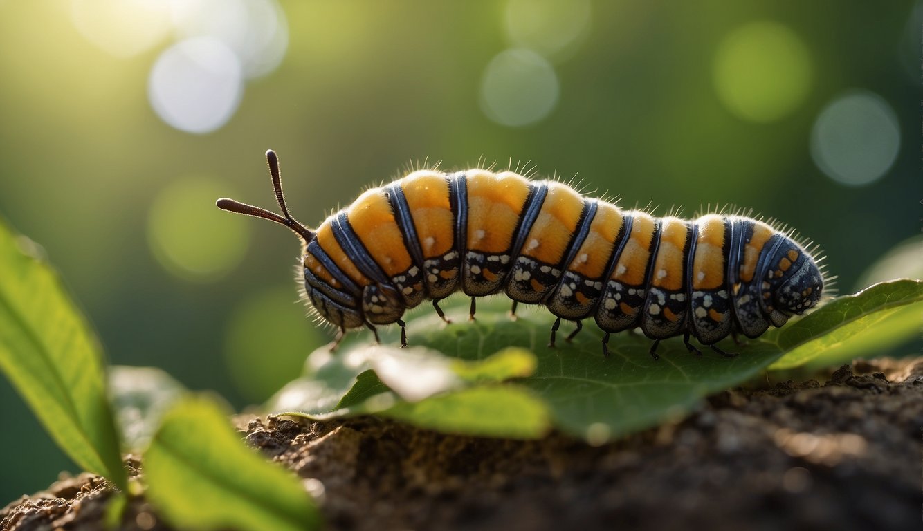 A caterpillar crawls onto a leaf, spins a chrysalis, and emerges as a colorful butterfly, fluttering into the sky