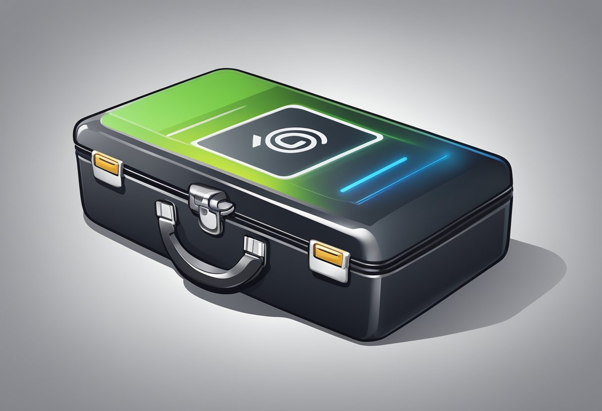 A GPS tracker in a suitcase with optimized battery life. Charger and battery icon with a checkmark indicating efficiency