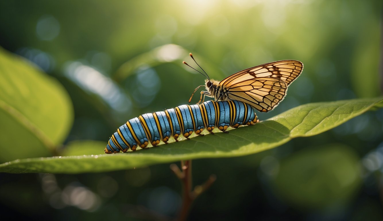 A caterpillar crawls on a leaf, spins a cocoon, and emerges as a colorful butterfly.

The transformation is depicted in a sequence of stages
