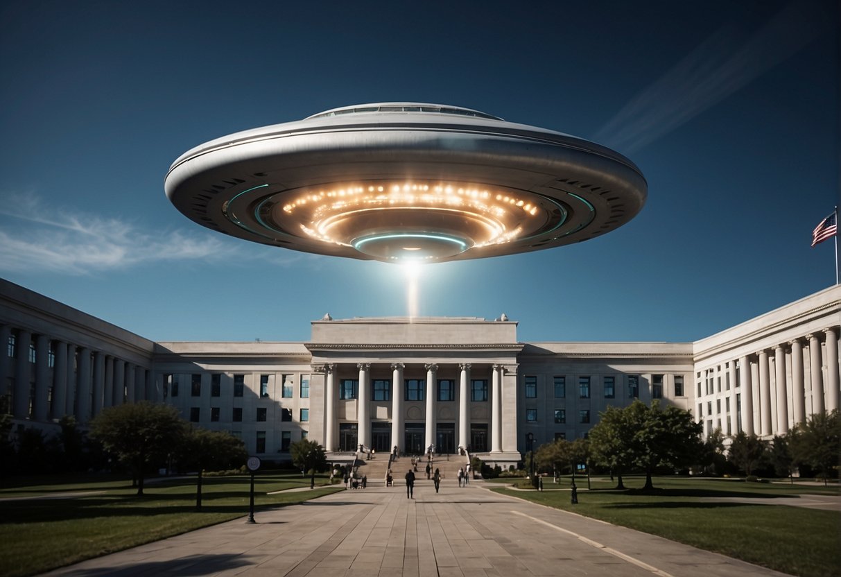 A UFO hovers over a government building, while media outlets report conflicting stories. The public is captivated by the mystery