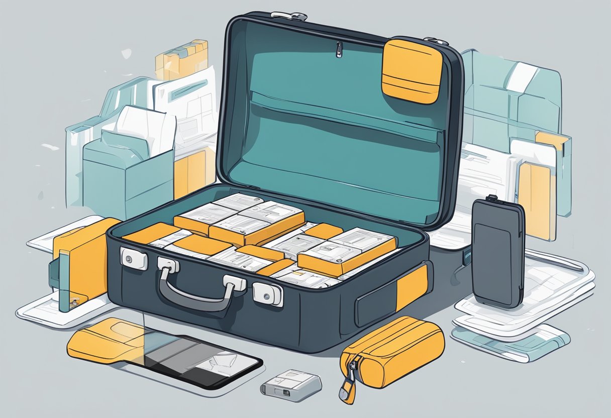 A GPS tracker in a suitcase with optimized battery life, surrounded by helpful tips