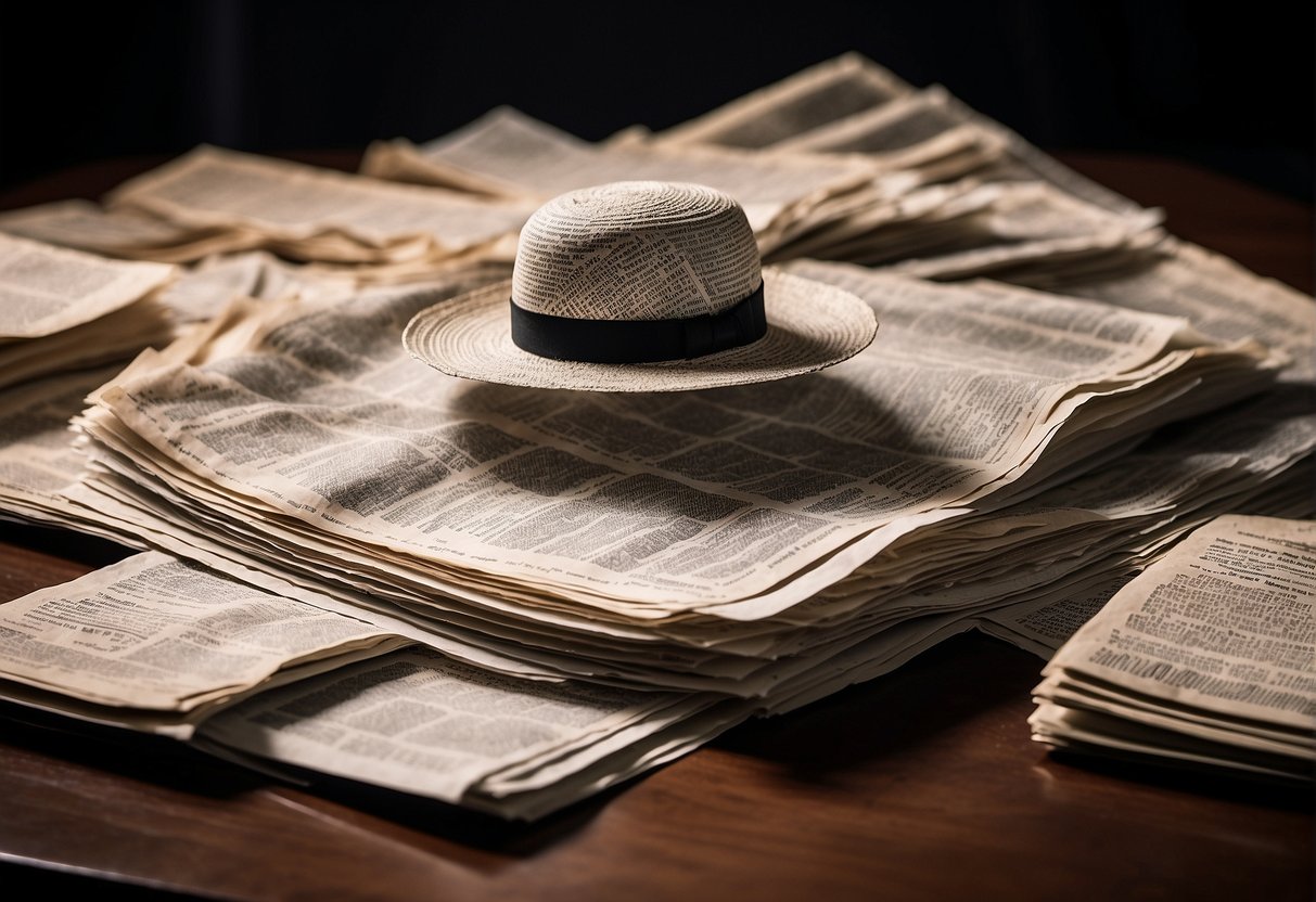 A stack of declassified documents on UFO sightings, alongside newspaper clippings and media coverage, with a looming shadow of government secrecy