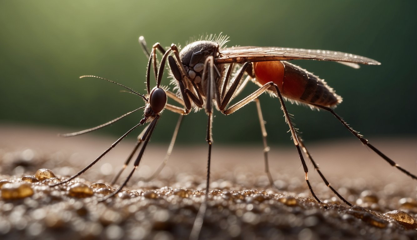 A mosquito hovers over a patch of exposed skin, its long proboscis piercing the surface to extract blood.

The mosquito's body is highlighted, showcasing its thirst for blood