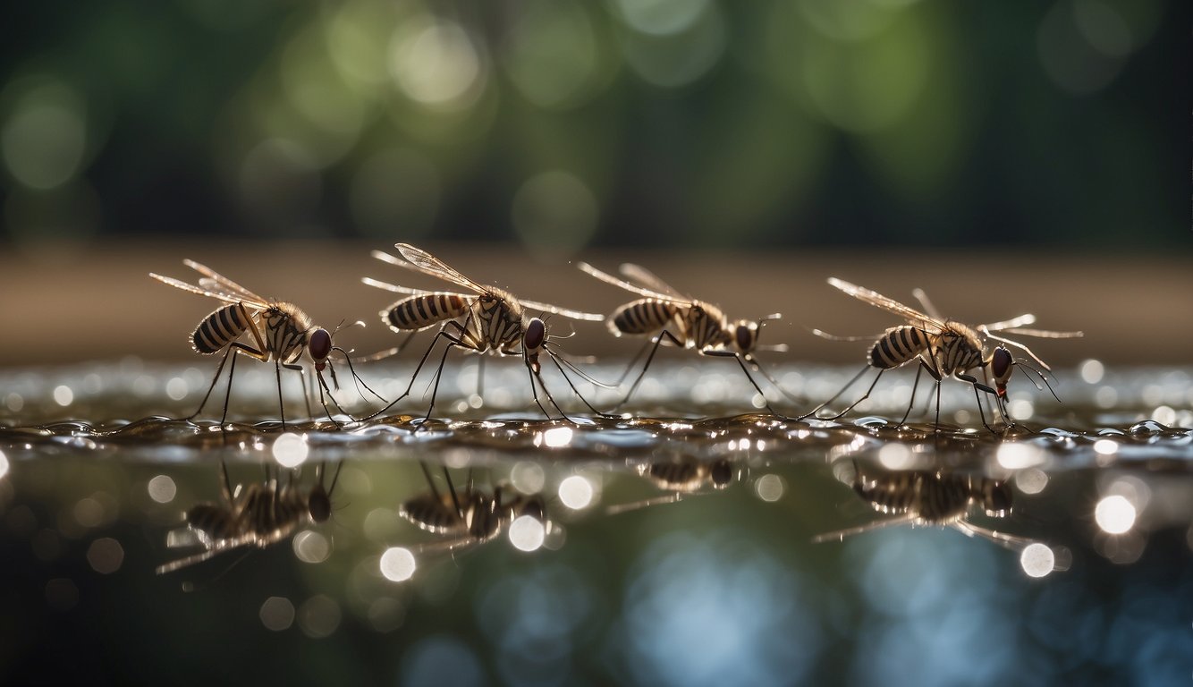 A swarm of mosquitoes hovers over stagnant water, their needle-like mouthparts poised to extract blood.

A nearby sign reads "Mosquitoes and Disease Transmission: Why Do Mosquitoes Bite? The Science of Their Thirst for Blood."