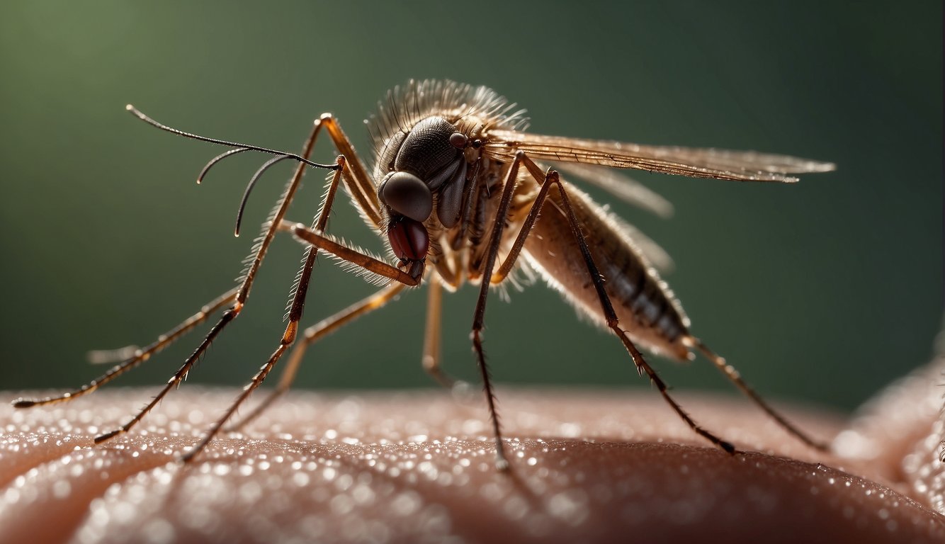A mosquito hovers over a human arm, its proboscis piercing the skin as it feeds on blood.

Scientific diagrams and research papers surround the scene, explaining the insect's thirst for blood