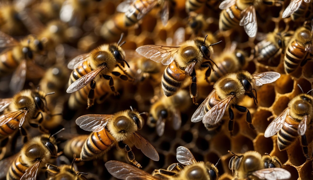 Bees swarm around the hive entrance, carrying pollen and nectar.

The queen is surrounded by attendants while workers build honeycomb
