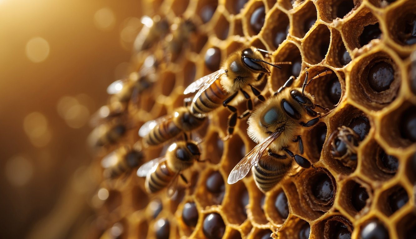 A bustling hive with intricate hexagonal cells, bees buzzing in and out, and a queen bee at the center of it all
