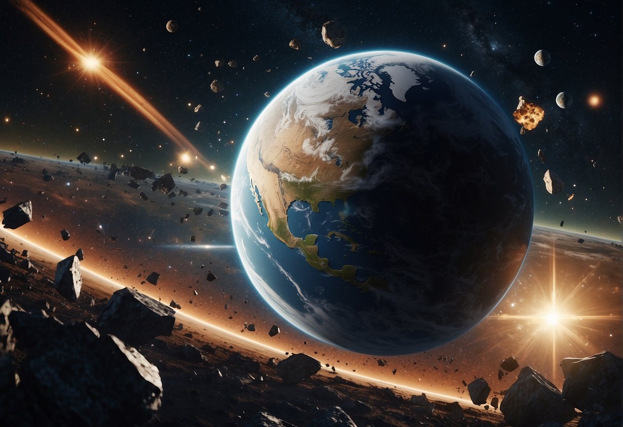 A cluttered expanse of orbiting debris surrounds a planet, with fragments of satellites and rockets colliding in a chaotic dance